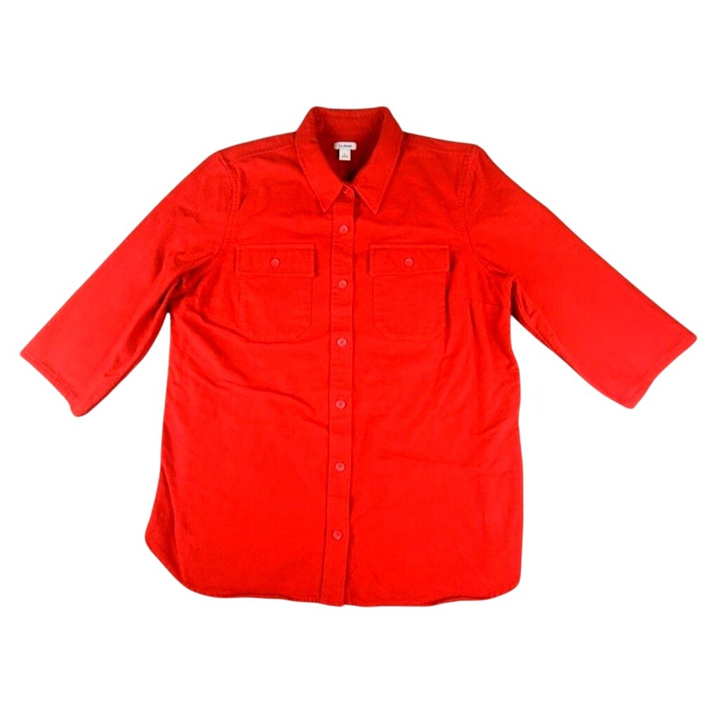 L.L. Bean Shirt Womens Large Red Flannel 3/4 Sleeve Button Up Cotton Casual Top